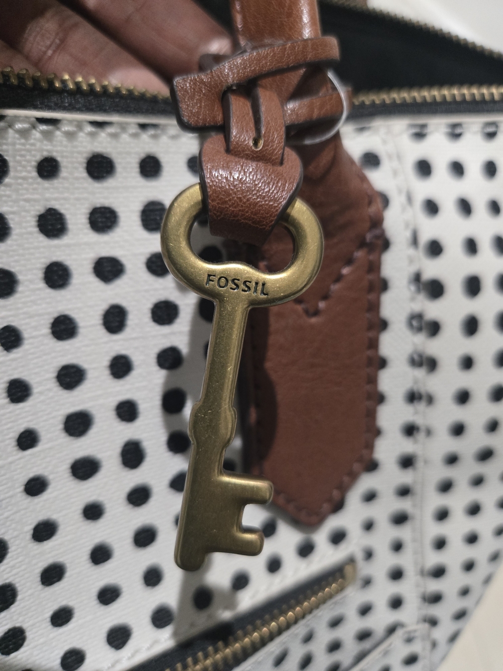 Fossil Polka Dot Tote Bag in White and Brown